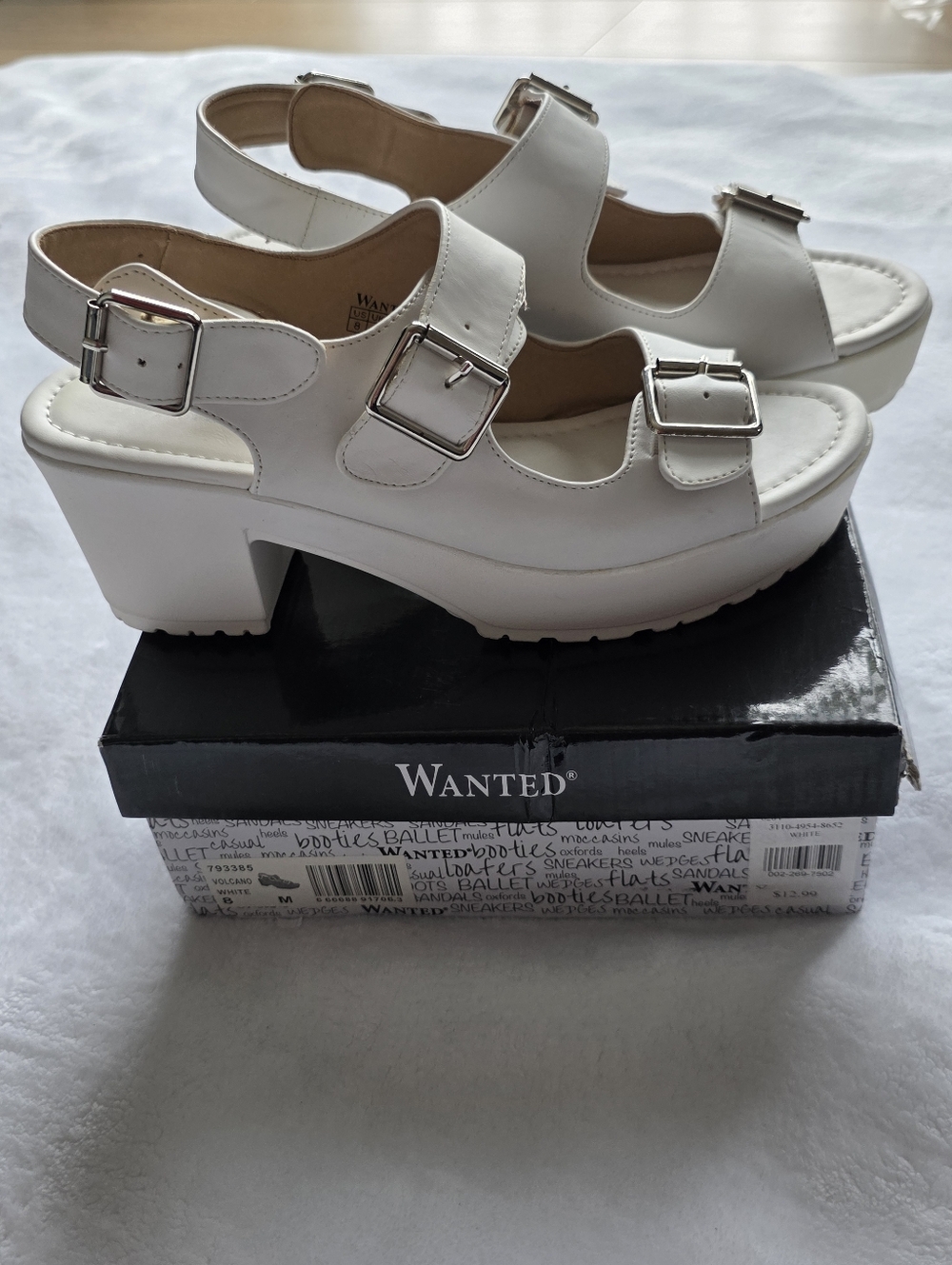 Sandals, Wanted, Chunky Platform Heels, White, Size 8